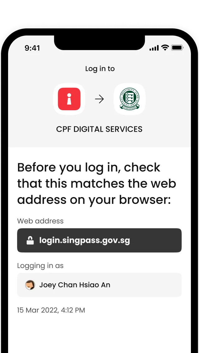 Screenshot of Singpass app’s consent screen, saying "Are you logging into CPF E-Services?"